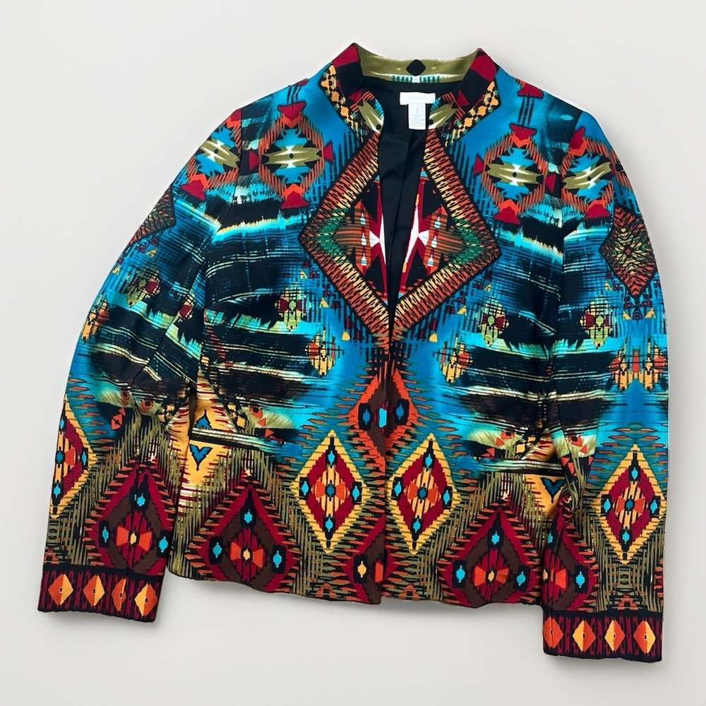 Chico's Jacket Size 1 Medium Aztec Southwestern Kaila Open Front Cardigan Blazer